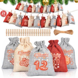 Pack of 24 Advent Calendar for Filling - Fabric Advent Calendar - 14 x 10 cm Printed Fabric Bags Children's Christmas Calendar - Large Advent Calendar Bags - Advent Calendar 2024 Children