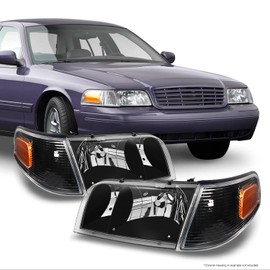 AKKON - For Ford Crown Victoria Black Replacement Headlights W/Corner Lamps 4pc Left + Right Pair Set