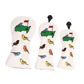 3PCS Golf Club Head Cover PU Waterproof Bird Pattern Golf Head Cover for Driver Fairway Hybrid White