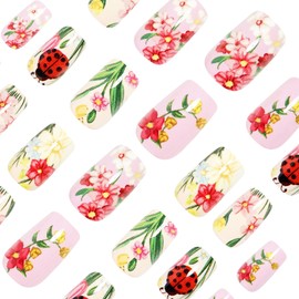 Coffin Press on Nails Medium Spring Fake Nails with Colorful Flower Ladybug Designs Medium Flower False Nails Coffin Glue Nails Acrylic Artificial Nail Tips Glue Nails Stick Nails for Women Girls