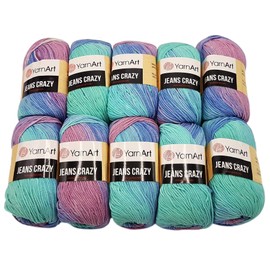 Ilkadim Export Jeans Crazy Knitting Wool 500 g Multicoloured with 55% Cotton, 10 x 50 g Cotton Knitting Yarn with Colour Gradient (Mint Purple Lilac 8203)