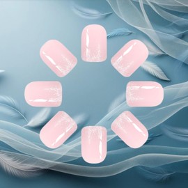 Pink Acrylic Full Cover Fake Nails Sparkly Press on Nails 24Pcs Shine Gel Glue on Fingernails Glossy Silver Glitter Short Square False Nail French Tips Stick on Nail for Holiday Manicure Art