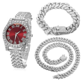 Halukakah Diamonds Gold Watch, Children's 18K Real Gold/Platinum Plated White Gold 36 mm Wide Green/Blue/Red Dial Quartz Bracelet 20 cm with Cuban Chain Necklace Bracelet, Free Gift Box, Platinum