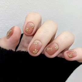 Press On Nails, Gold Foil Glitter Designed in Glue on Nails, Golden Line Fake Nails, Short Square Almond Ballet Shape for Stick On Nails on 24PCS (Short Gold Butterfly)