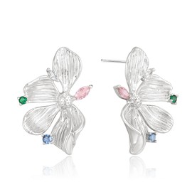 EVER FAITH Chunky Silver Statement Earrings for Women, Sectored Flower Leaf Earring Exaggerated Metal Colorful CZ Trendy Floral Large Stud Pierced Earrings