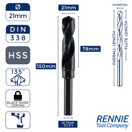 21mm HSS Blacksmith Drill Bit - Reduced Shank Drill for Aluminium, Steel, Wood, Plastic, Non-Ferrous Etc. (21mm)