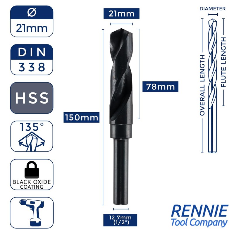 21mm HSS Blacksmith Drill Bit - Reduced Shank Drill for