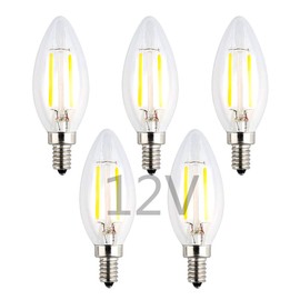 OPALRAY DC 12V 24V Input LED Candelabra Bulb, 2W 200Lm, 6000K Cold White Light, Dimmable with 12V DC Dimmer, Torpedo Tip, 25W Incandescent Equivalent, for 12Volt - 24Volt Low Voltage DC Power, 5 Pack
