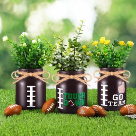 Teenyyou 3 Pcs Football Decor Table Centerpieces Football Decoration for Home Vase Mason Jars Touch Down Rugby Day Table Decoration with Sticker for Sports Party Game Go Team Game Rustic Tabletop Desk