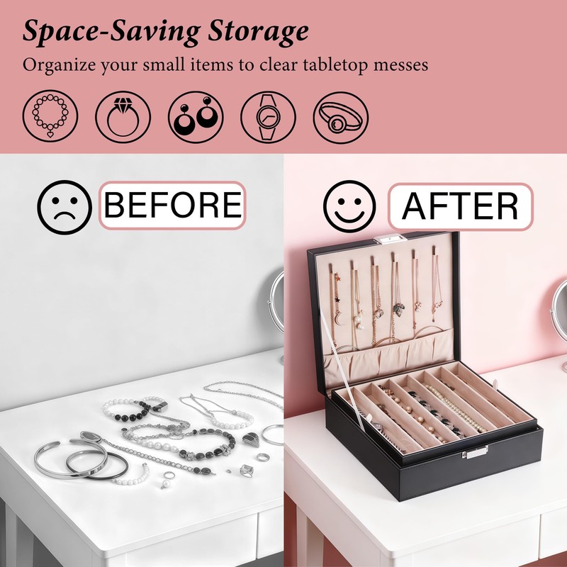 BEWISHOME Jewelry Box Organizer, 2-Layer Necklace Organizer Box, Modern Style