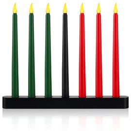 7 Pieces Kwanzaa Kinara Set Flameless Battery Powered Electric Candles Kwanzaa Candles Flameless Taper Candle with Kinara Candle Holder Wood Candle Stand (Classic Style)