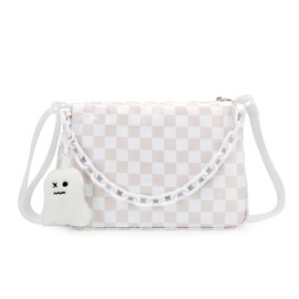 DOB SECHS Cute Checkered Crossbody Bags for Women Spacious Nylon Messenger Purse Hobo Bag Cross Body Checkerboard Handbag Wallet for Travel with Ghost Pendent, Adjustable Strap, Apricot and White