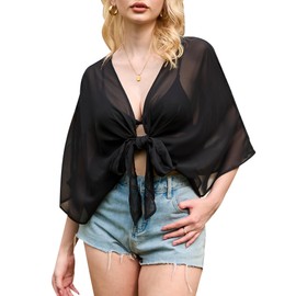 Breezy Lane Traje de baño para mujer, coberturas de playa, cárdigans transparentes, kimono, trajes de baño, para día festivo, verano, ropa de playa, Negro -, L-XL