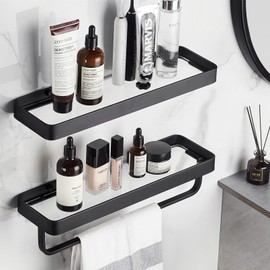 VOLPONE Bathroom Shelves Wall Mounted Glass Shelf for Bathroom Floating Shelf Tempered Glass Shelf 2 Tier Bathroom Wall Organizer(Black)