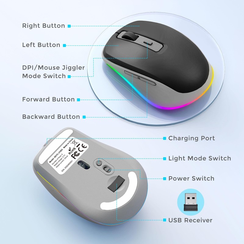 PEIOUS Wireless Mouse Jiggler - LED Wireless Mice with Build-in