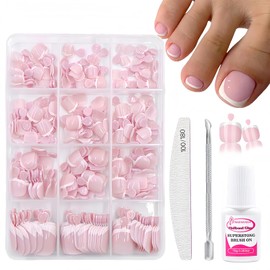 French Toe Nails - 240pcs Short Square False Toenails - White French Tip Pink Fake Nails With Glue Set - Acrylic Full Cover Stick On Toenails - Glossy Press On Toes Nails For Women Girls