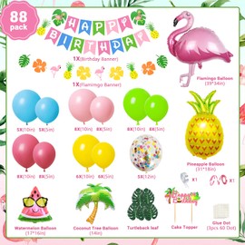 Hawaiian Party Decoration, Flamingo Birthday Decoration, Summer Tropical Party Decoration with Flamingo Pineapple Coconut Tree Helium Balloons, Birthday Banner for Hawaiian Luau Aloha Birthday Pool