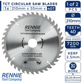 2 Pack - 210mm x 30mm x 40T & 60T TCT Circular Wood Saw Blades Includes 25mm 20mm & 16mm Bore Reduction Rings. Compatible with Festool Bosch Makita Dewalt Circular Saw Etc, Fits 216mm circular saws.