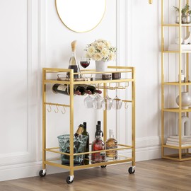 TUTOTAK Bar Cart, Serving Cart for Home, Drink Cart, Mobile Kitchen Shelf with Wine Rack and Glass Holder, Rolling Beverage Cart, Gold BC01BB031