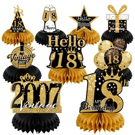 18th Birthday Table Decorations, 9 Pcs Black and Gold Table 2007 18 Birthday Decorations, 18th Honeycomb Centerpieces Party Table Decorations for Girls and Boys,Vintage Decor Happy 18th Birthday