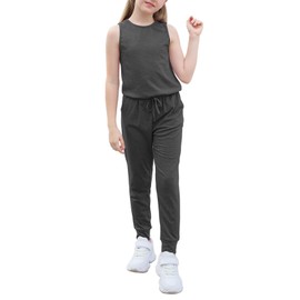 GORLYA Girl's Sleeveless Solid Casual Jumpsuit Rompers Harem Pants Outfits for 4-14T (GOR1070,6-7Y,DarkGray)
