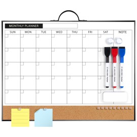 ARCOBIS Monthly Calendar Whiteboard Dry Erase Cork Board Combination for Wall, 12"x16" Magnetic Dry Erase Board, Double-Sided White Board, Portable Board for Planning, Office, School, Home, Black