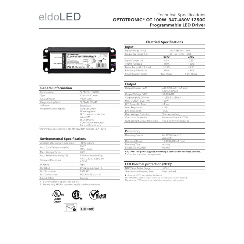 eldoLED | 2743YC OPTOTRONIC OT 100W 347-480V 1250C Programmable LED