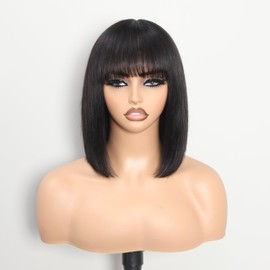 Short Straight Bob Wig with Bangs Human Hair Glueless 10 Inch Lace Bob Human Hair Wig 2X1 Bob Wig Human Hair With Bangs for Women Natural Black 180% Density(10inch)