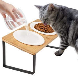 Sunhoo Ceramic Elevated Cat Bowls Raised Puppy Dishes for Food and Water Tilted Wooden Stand for Indoor Cats 5.5 inch Wide Double Dish Orthopedic Reduces Vomiting (Wood Color)