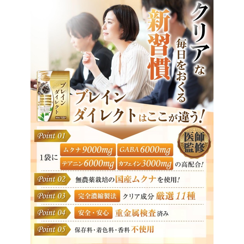 【医師監修】集中力 やる気 サプリ 国産無農薬ムクナ 1袋9000mg 30日分 90粒 1日3粒 テアニン GABA