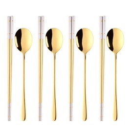 Buyer Star 4 Set Gold Square Chopsticks and Spoons Set Metal Stainless Steel Spoons Chopsticks Set