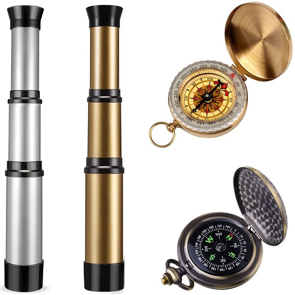 Kids Pirate Telescope & Compass Toy Kits 4pcs Pack Plastic Collapsible Handheld Retro Telescope Spyglass & Pocket Survival Gear Compass for Pirate Theme Party Cosplay Birthday Xmas Gift for Kids