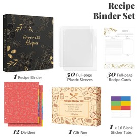 Recipe Binder with Plastic Sleeves, Full Page Cards and Dividers, Recipe Binder 8.5x11 3 Ring, Blank Recipe Book Binder to Write in Your Own Recipes (Black Floral)