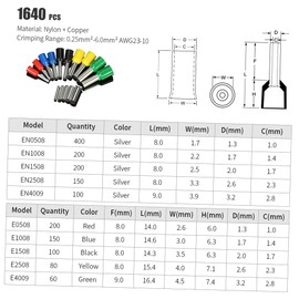 Self Adjustable Professional Cable Wire Crimper Crimping Pliers Tool Ferrule Crimpers 0.25-6.0mm² + 1640pcs Copper Insulated Cord Pin End Crimp Terminals Electrical Wire Connector AWG23-10 Set