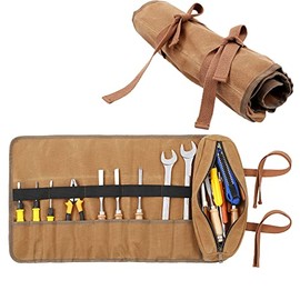 10 Pockets Tool Roll Bag, Robust 16 oz Waxed Cotton Canvas Tool Bag with 2 Wrap Straps, Multi-Purpose Tool Bag for Metric, SAE (Khaki)