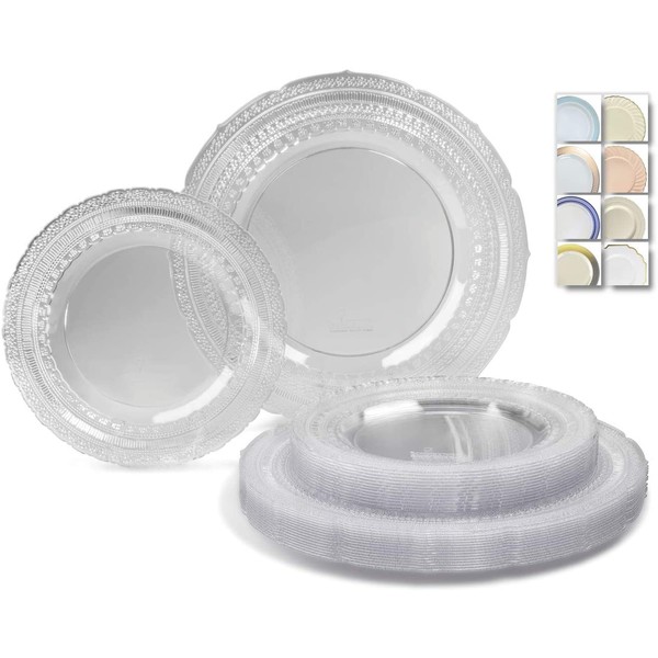 " OCCASIONS " 50 Plates Pack (25 Guests)-Extra Heavyweight Vintage Wedding Disposable/Reusable Plastic Plates -25 x 11'' Dinner + 25 x 8.25'' Salad/dessert(Chateau Collection Clear)