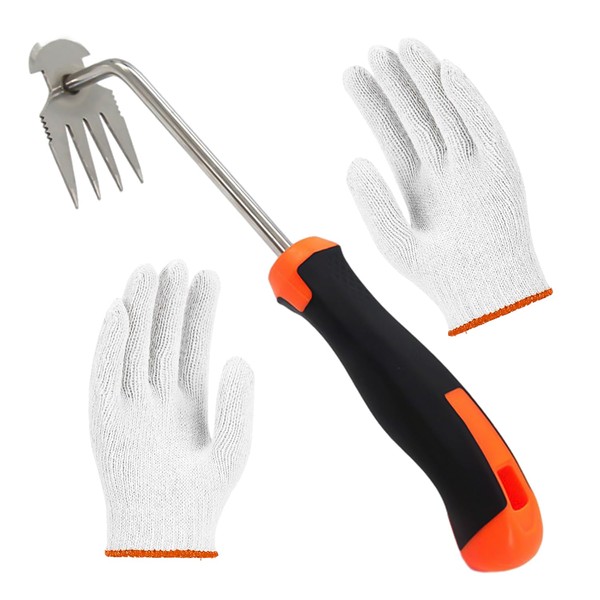 KVBUCC 1 Piece of Weeding Tool, With 1 Pair of Cotton Gauze Gloves, Four-Tooth Weeding Hook, Root Weeding Tool, Stainless Steel Weeding Hook, Weeding Tool, Suitable for Gardens and Farmland