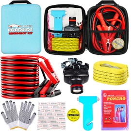 LIANXIN Car Emergency Roadside Tool Kit, Auto Emergency Kits Vehicles, with Jumper Cables kit，Car Safety Roadside Assistance Kit,Headlamp,Tow Straps,Safety Hammers,Rainwear,Gloves.Sky Blue