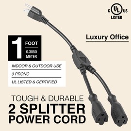 2 Way Power Splitter and 1' Extension Cord - 1 to 2 Cable Strip With 3 Pronged Outlet and Y Style Extension Cord – Black - SJT 16 AWG – By Luxury Office (1)