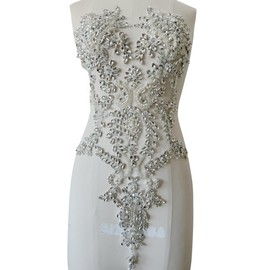 Handmade Shiny Rhinestones Applique handsewing Beaded Sequins Crystal on lace Trim Patches for Prom Dress Clothing Decorative Accessories (Silver)