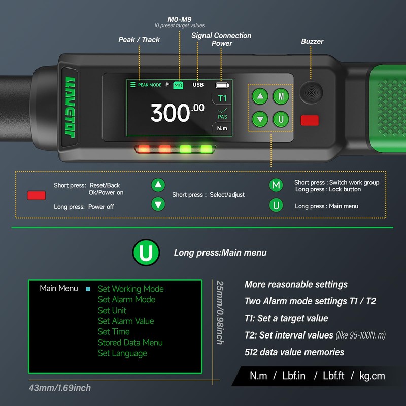 LLAVETOR Digital Torque Wrench 3/8, 2.2-44.3 Ft-lbs/3-60 N.m, ±2％ Torque