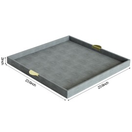 HofferRuffer Extra Large Square Serving Tray, Elegant Faux Leather Ottoman Tray with Gold Hardware Handles, Serve Tea, Coffee or Breakfast in Bed, 23.6 x 23.6 inches (Large Square)