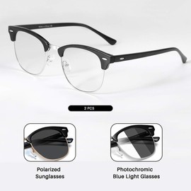 TIANYESY Polarized Sunglasses Photochromic Eyeglasses Unisex TY201903 (T2-2PCS:Gold(Polarized)+Silver(Photochromic Blue Light))