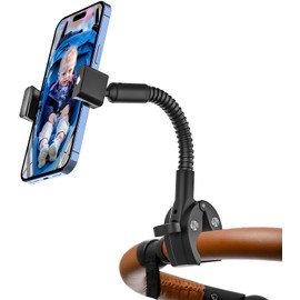 Gooseneck Stroller Phone Mount [Thick Cases Friendly] Cell Phone Holder Pole Clip for Treadmill, Elliptical, Exercise Bike, Shopping Cart for iPhone 17 Air 16 15 Pro Max 14 13 12 11, All Smartphones