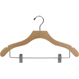 Wavy Wood Combo Hanger w/ Adjustable Cushion Clips, Box of 25 Space Saving 17 Inch Wooden Hangers w/ Natural Finish & Chrome Hook & Notches for Shirt Jacket or Dress by The Great American Hanger Company
