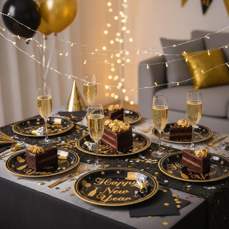 100 Pcs Happy New Year Paper Plates Oval,Black Gold,10.6"x12.6"