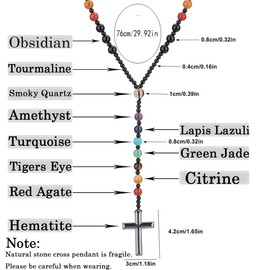 7 Chakra Necklace, Rosary for Men, Cross Necklace Long Mala Natural Stone Meditation Necklace Yoga Buddhist Rosary Prayer Cross Charm Beaded Necklace (J)