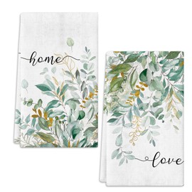 Green Leaf Kitchen Towels, 2 Pack Eucalyptus Leaves Spring Bath Hand Towels, Absorbent Drying Cloth Tea Towels for Cooking Baking,16×24IN (Green Towels)