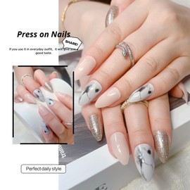 Medium Almond Press on Nails Silver Fake Nails White Leopard Print Designs Acrylic Glue on Nails Full Cover Pink Glossy Artificial Stick on Nails for Women 24 Pcs