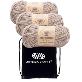 Lion Brand Knitting Yarn Re-Spun Thick & Quick Yarn Hazelwood 843-124 (3-Skeins) Same Dye Lot Weight S Bulky #6 Soft 100% Recycled Polyester Bundle with 1 Artsiga Craft Bag